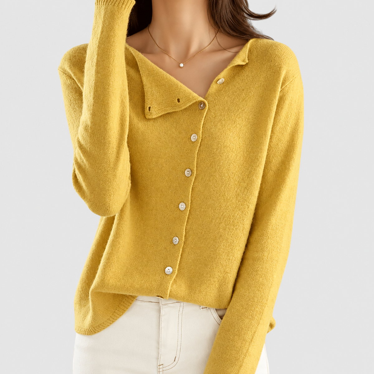 Maura | Women’s Asymmetric Button-Front Cardigan — Yellow