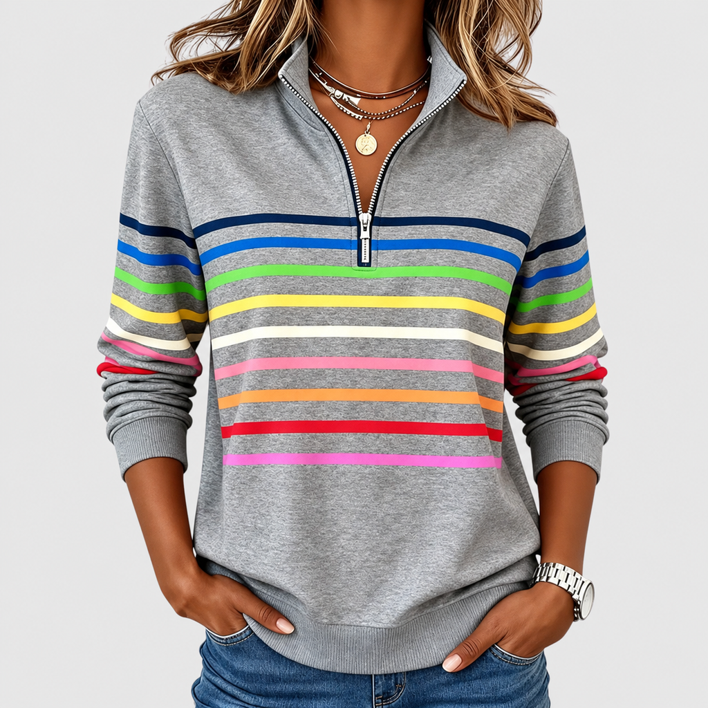 Megara | Women’s Striped Half-Zip Casual Top — Grey