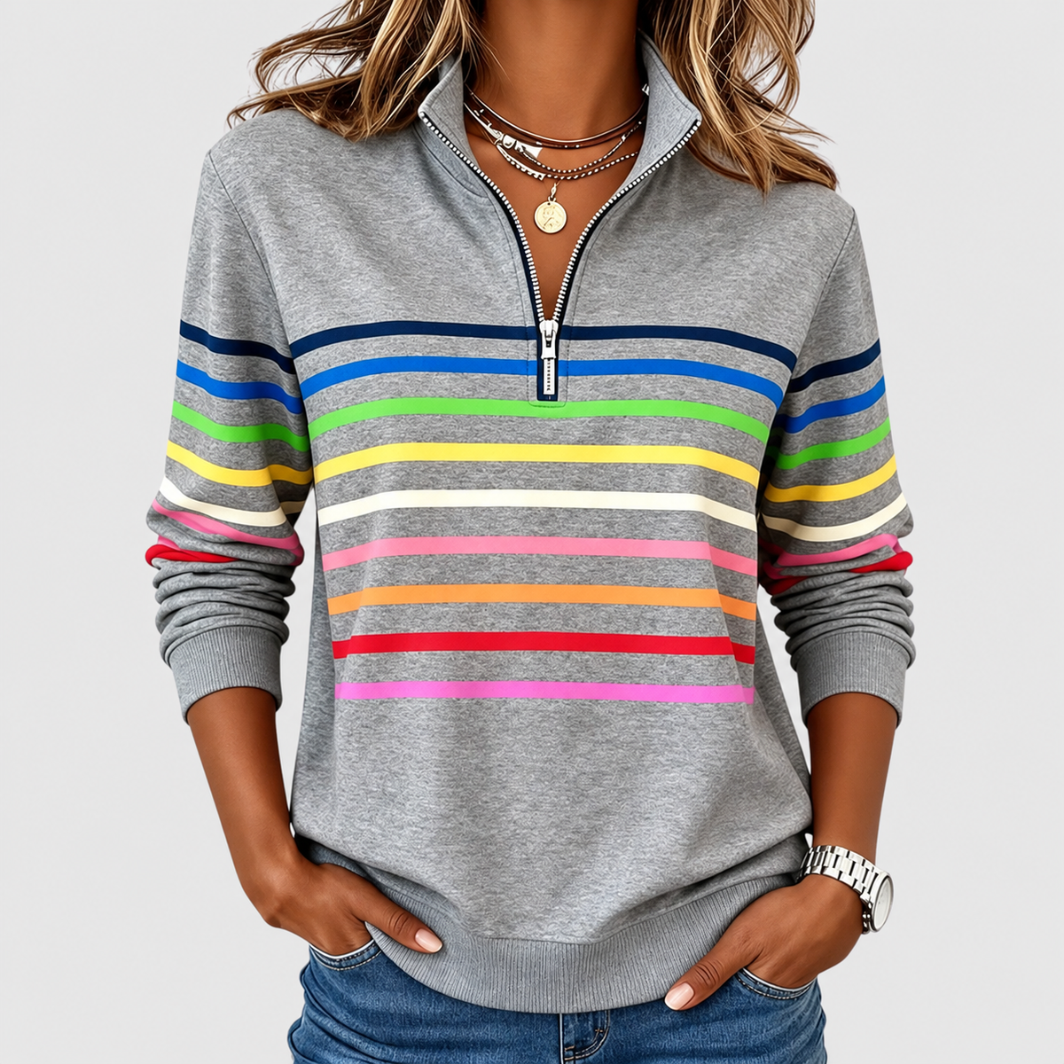 Megara | Women’s Striped Half-Zip Casual Top — Grey