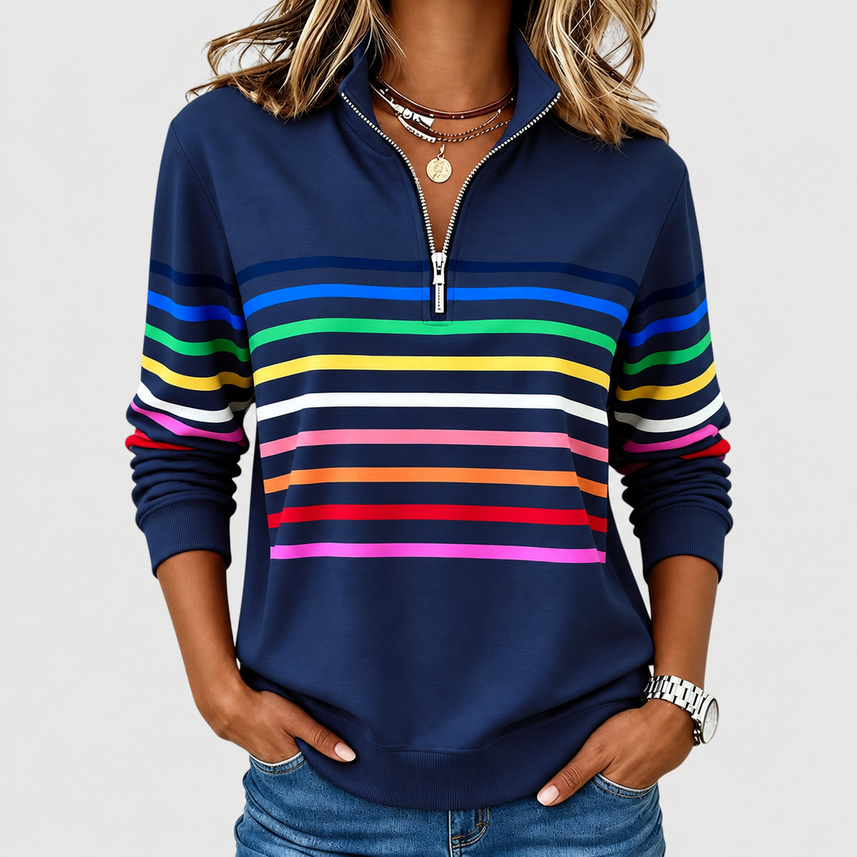 Megara | Women’s Striped Half-Zip Casual Top — Navy