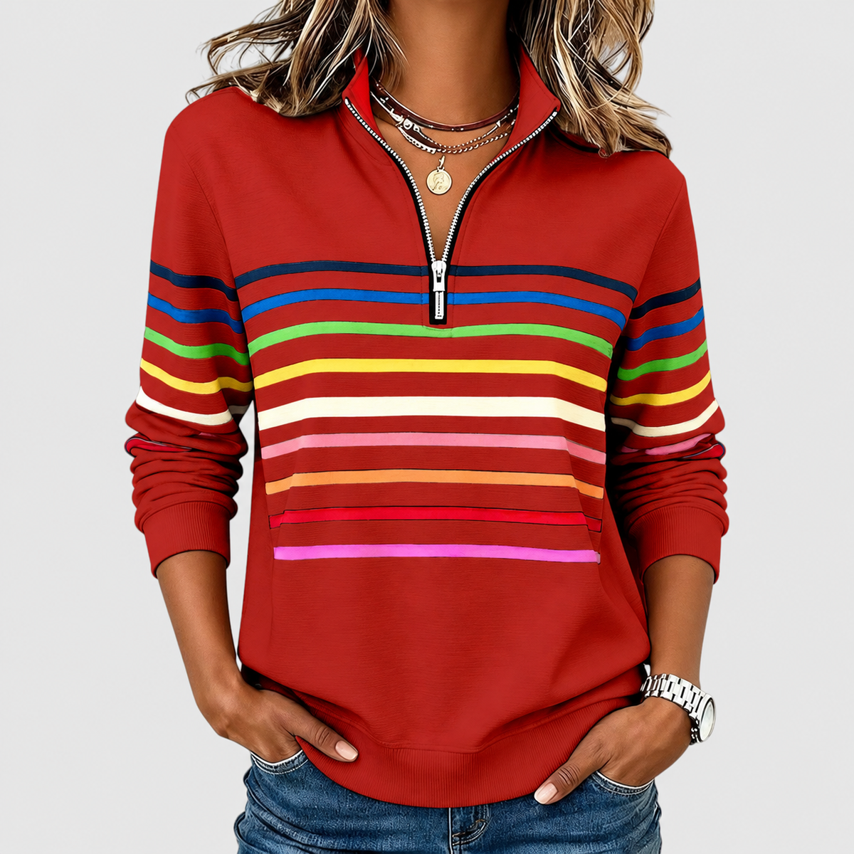 Megara | Women’s Striped Half-Zip Casual Top — Red