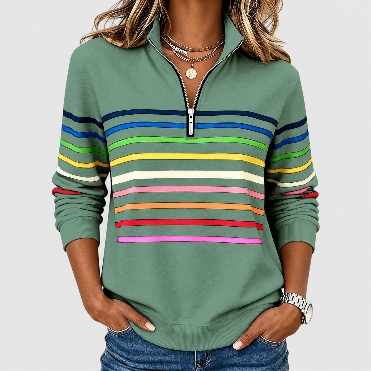Megara | Women’s Striped Half-Zip Casual Top — Green