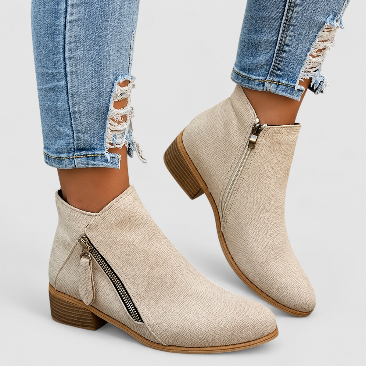 Melisande | Women’s Zip-Up Ankle Boots — Beige