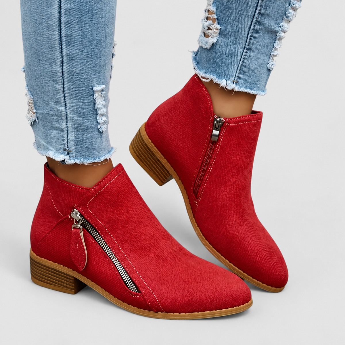 Melisande | Women’s Zip-Up Ankle Boots — Red