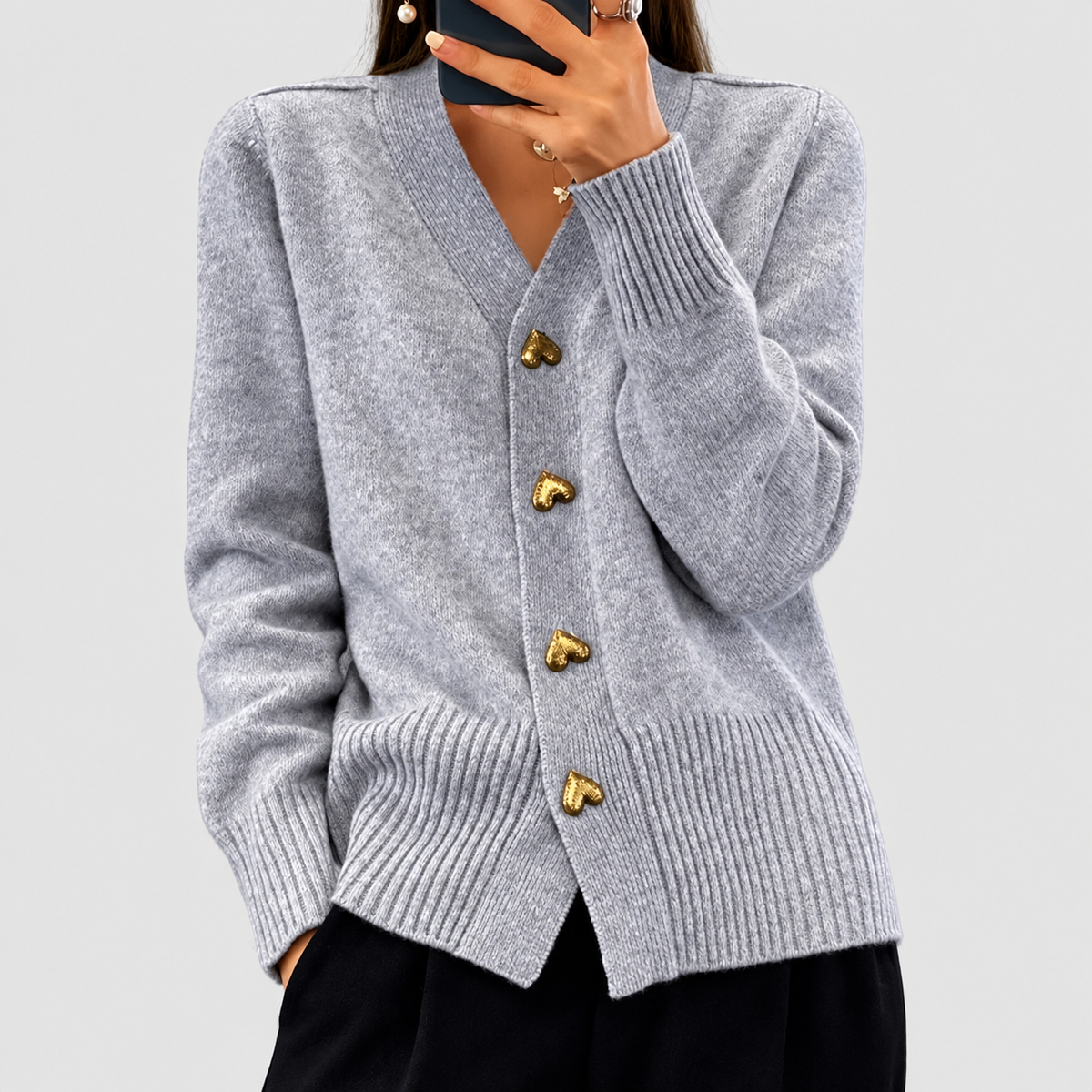 Lydia | Women’s V-Neck Cardigan with Heart Buttons — Grey