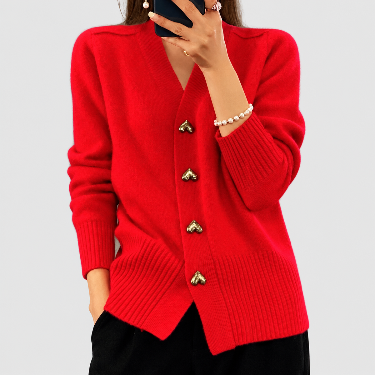 Lydia | Women’s V-Neck Cardigan with Heart Buttons — Red