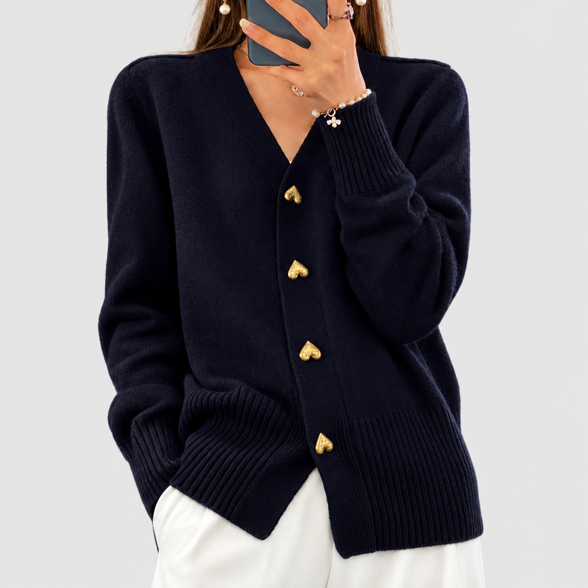 Lydia | Women’s V-Neck Cardigan with Heart Buttons — Black