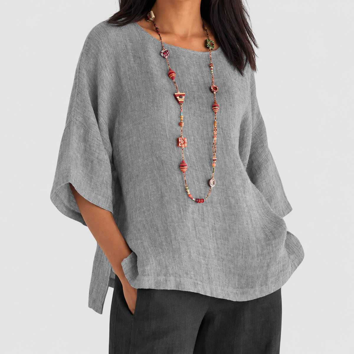 Mirella | Women’s Round-Neck Relaxed Blouse — Grey