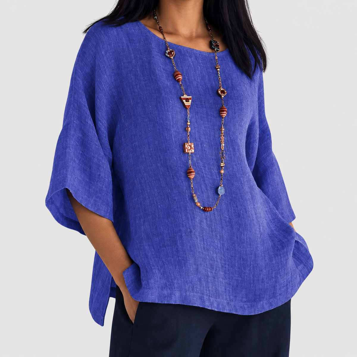 Mirella | Women’s Round-Neck Relaxed Blouse — Blue