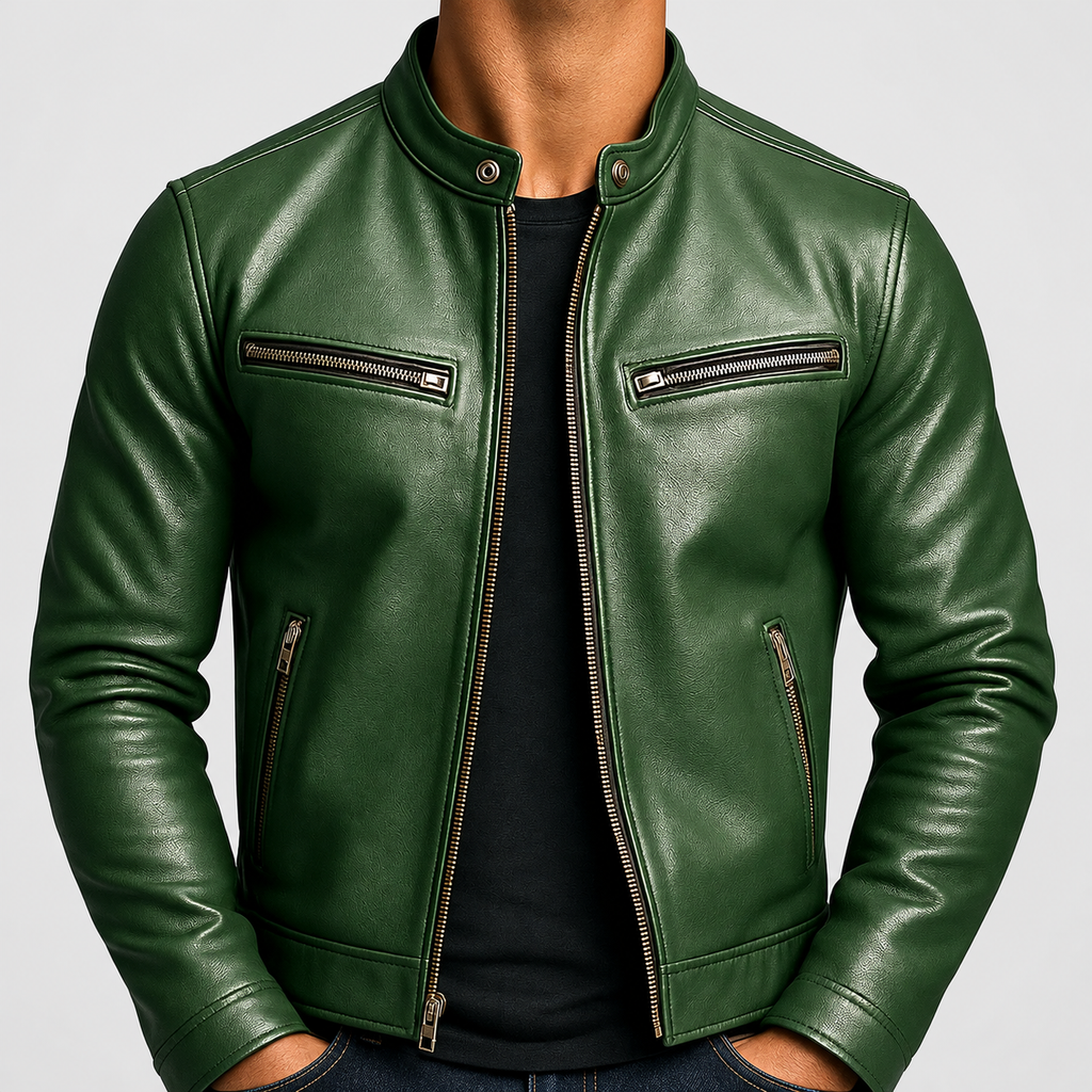 Montgomery | Men’s Band-Collar Leather-Look Jacket — Green