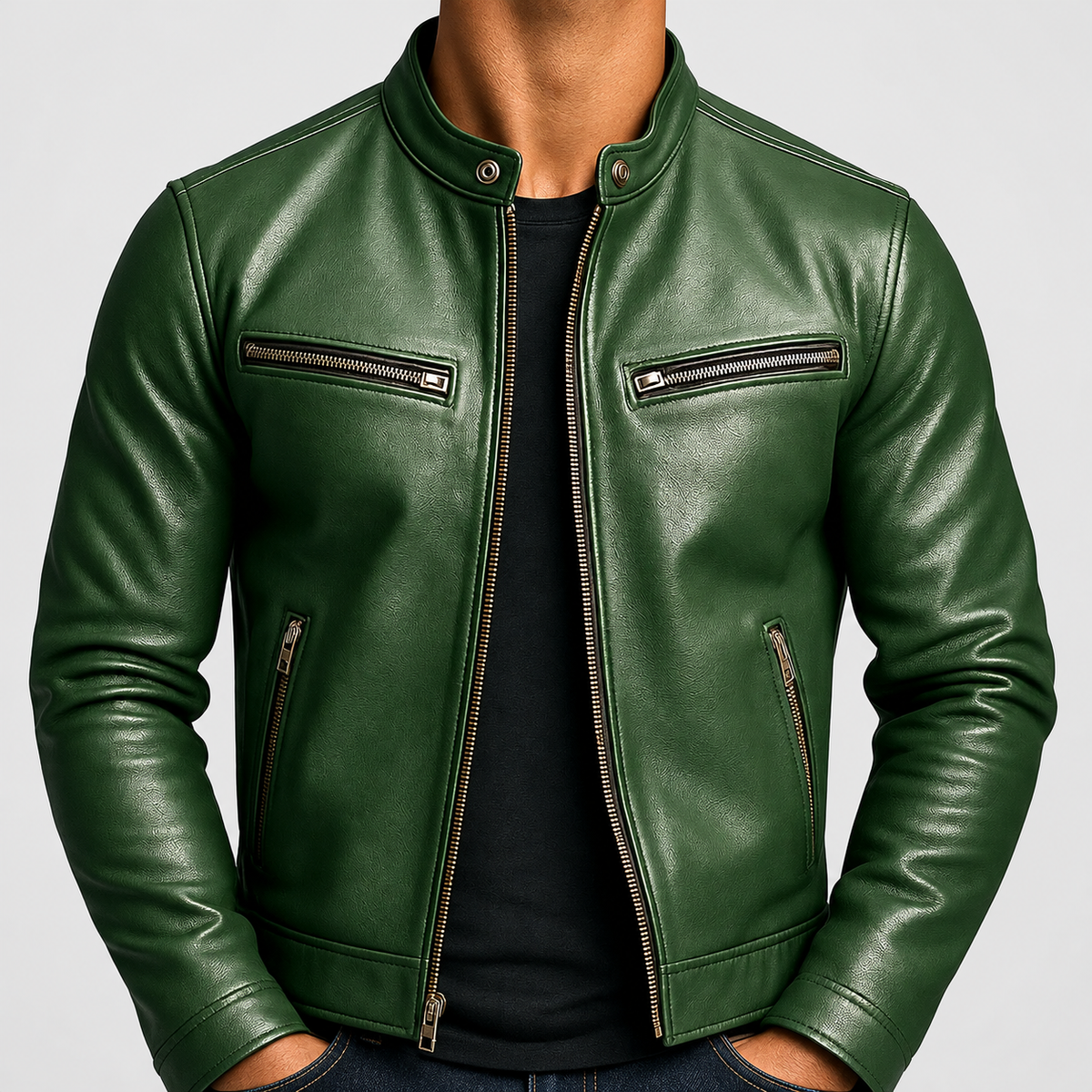 Montgomery | Men’s Band-Collar Leather-Look Jacket — Green