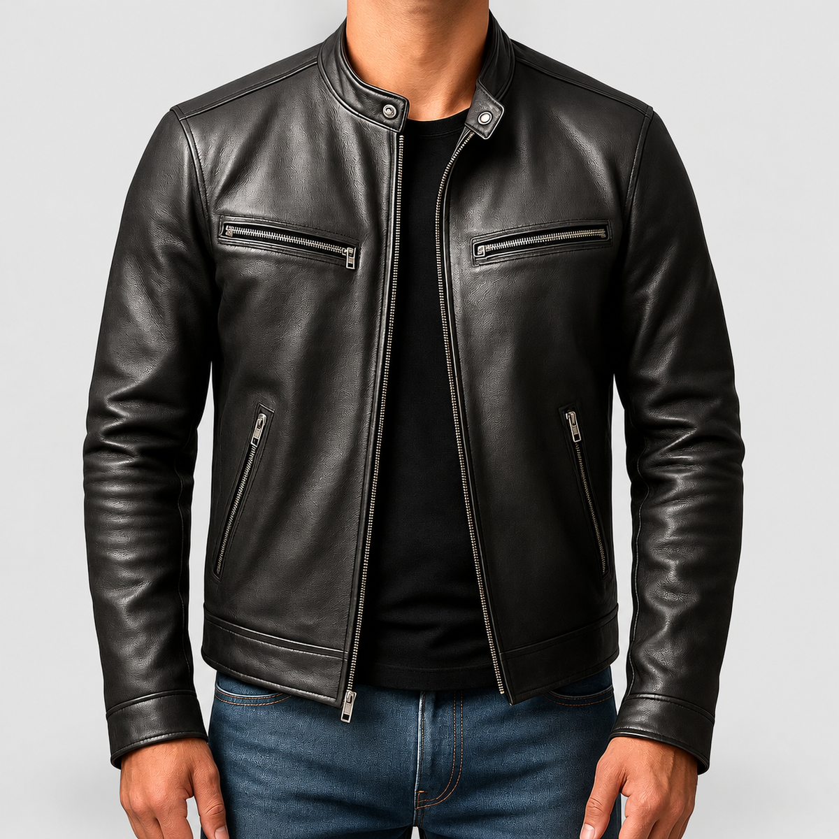 Montgomery | Men’s Band-Collar Leather-Look Jacket — Black