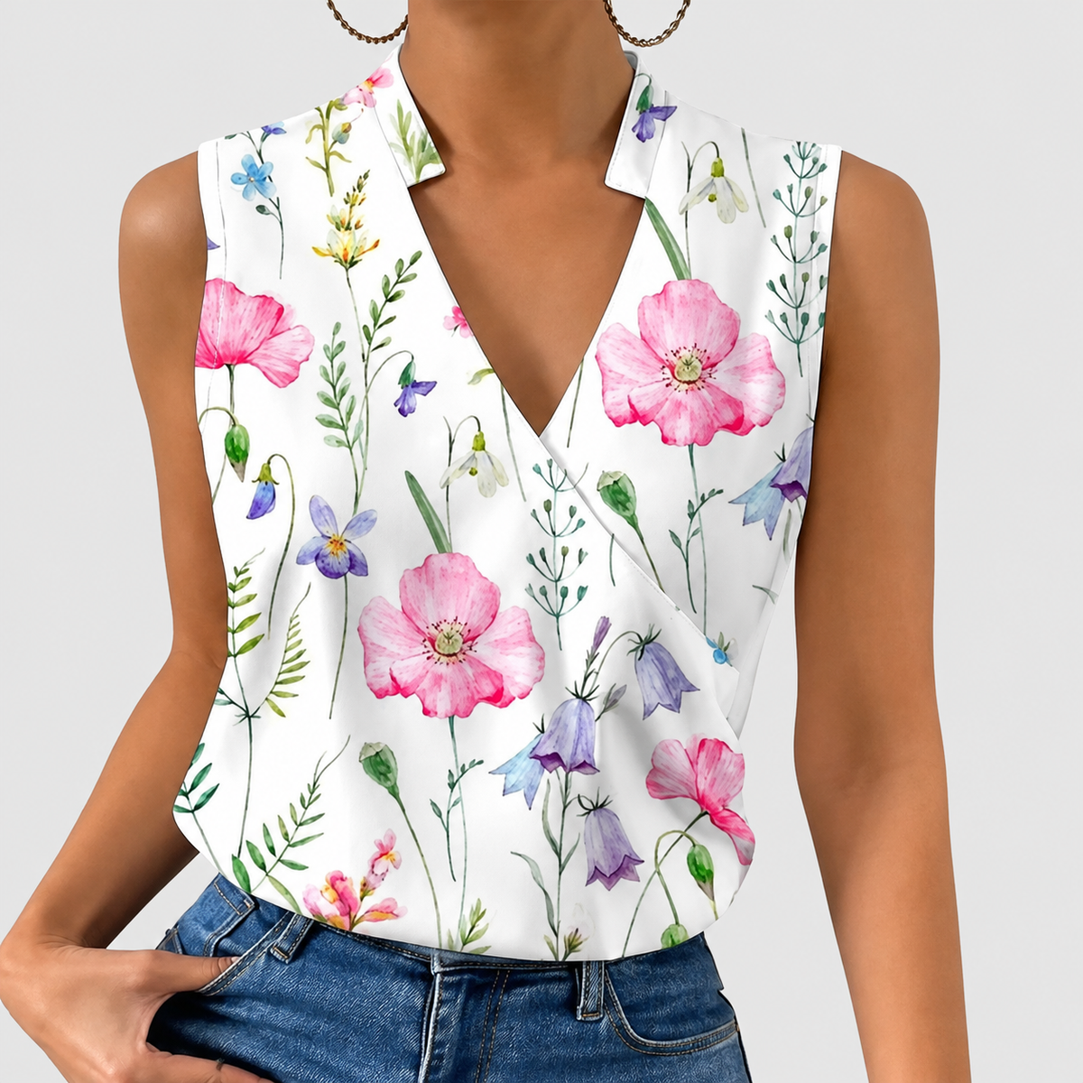 Morgana | Women’s Sleeveless V-Neck Wrap Blouse — Floral 1
