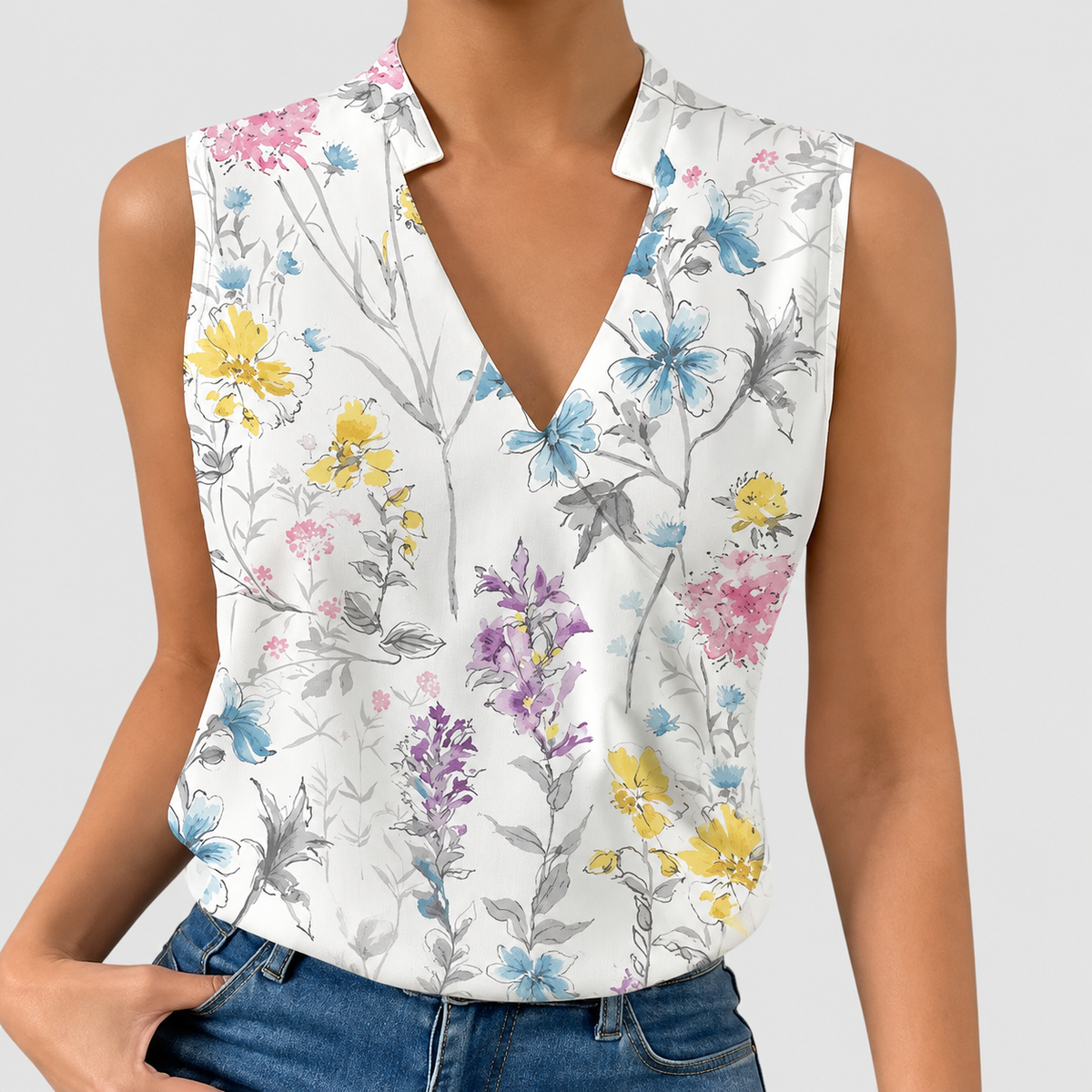 Morgana | Women’s Sleeveless V-Neck Wrap Blouse — Floral 2