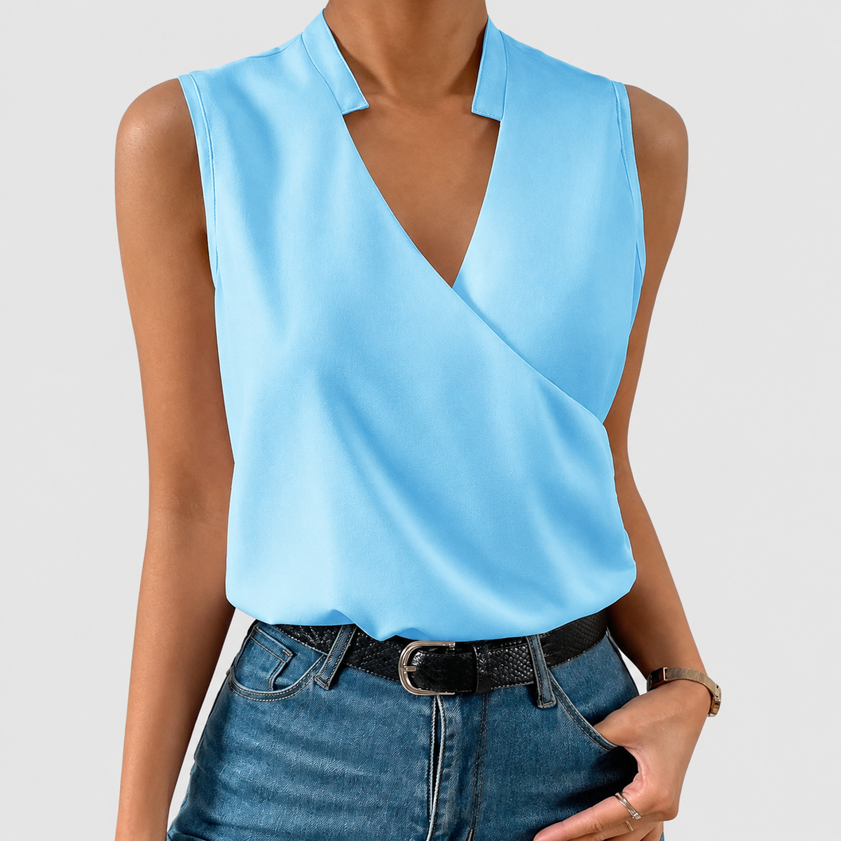 Morgana | Women’s Sleeveless V-Neck Wrap Blouse — Sky Blue