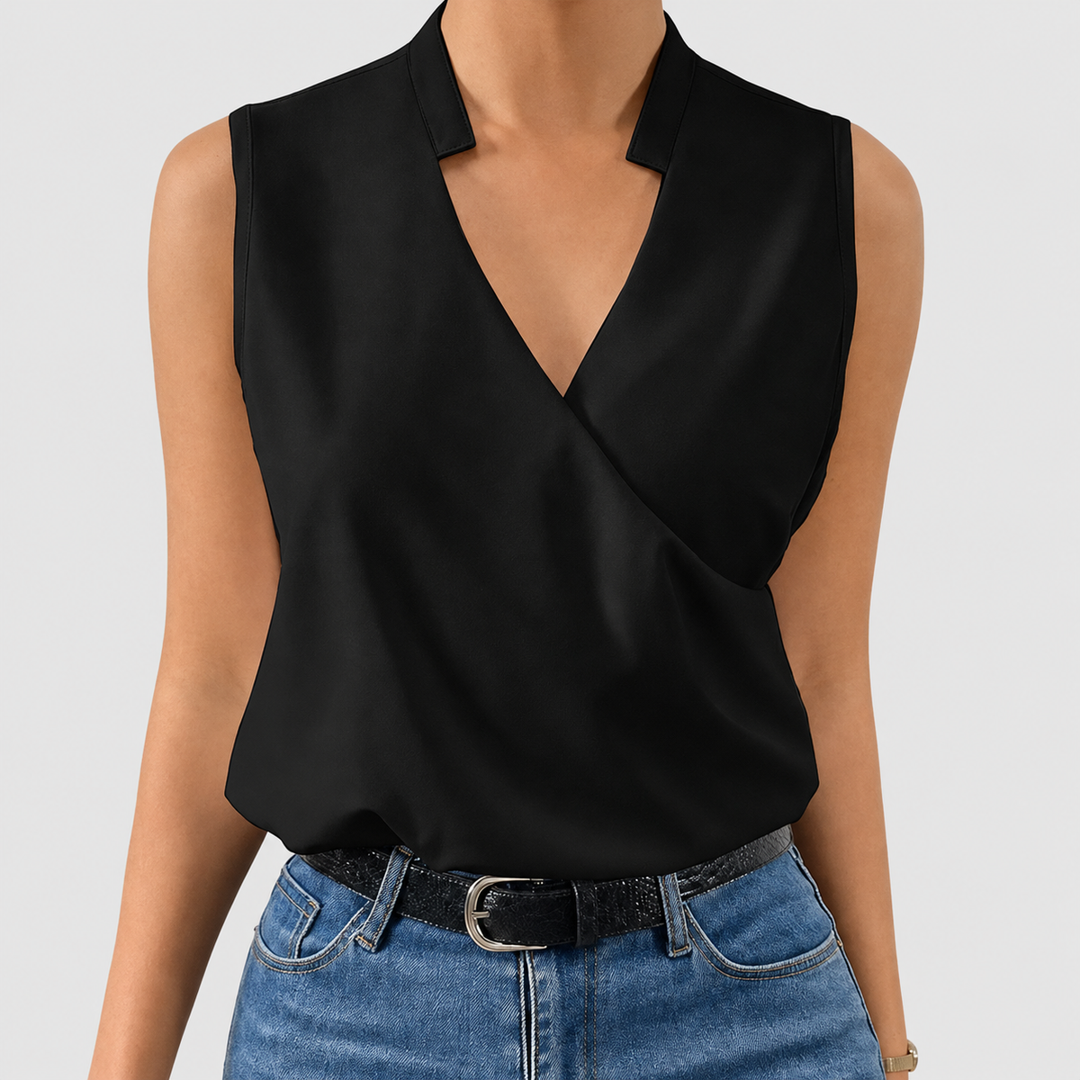 Morgana | Women’s Sleeveless V-Neck Wrap Blouse — Black