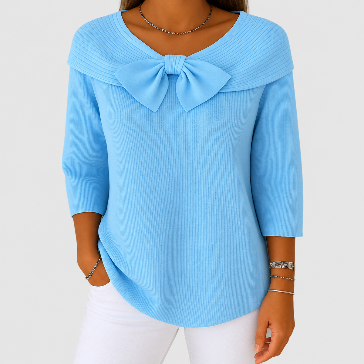 Morwenna | Women’s Bow-Detail Three-Quarter-Sleeve Sweater — Blue