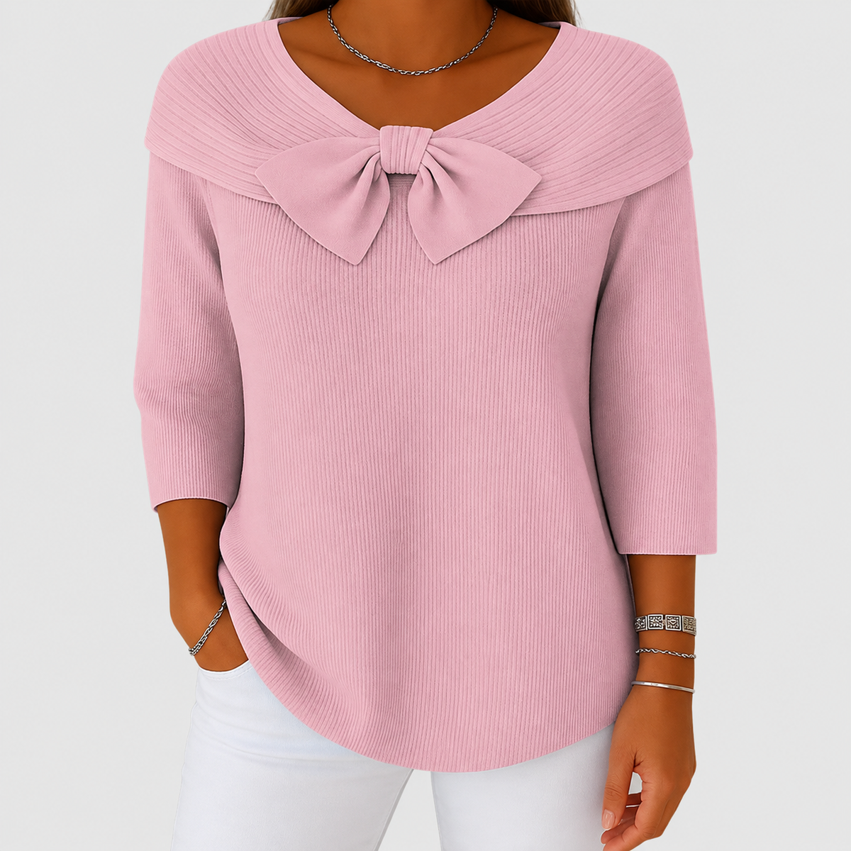 Morwenna | Women’s Bow-Detail Three-Quarter-Sleeve Sweater — Pink