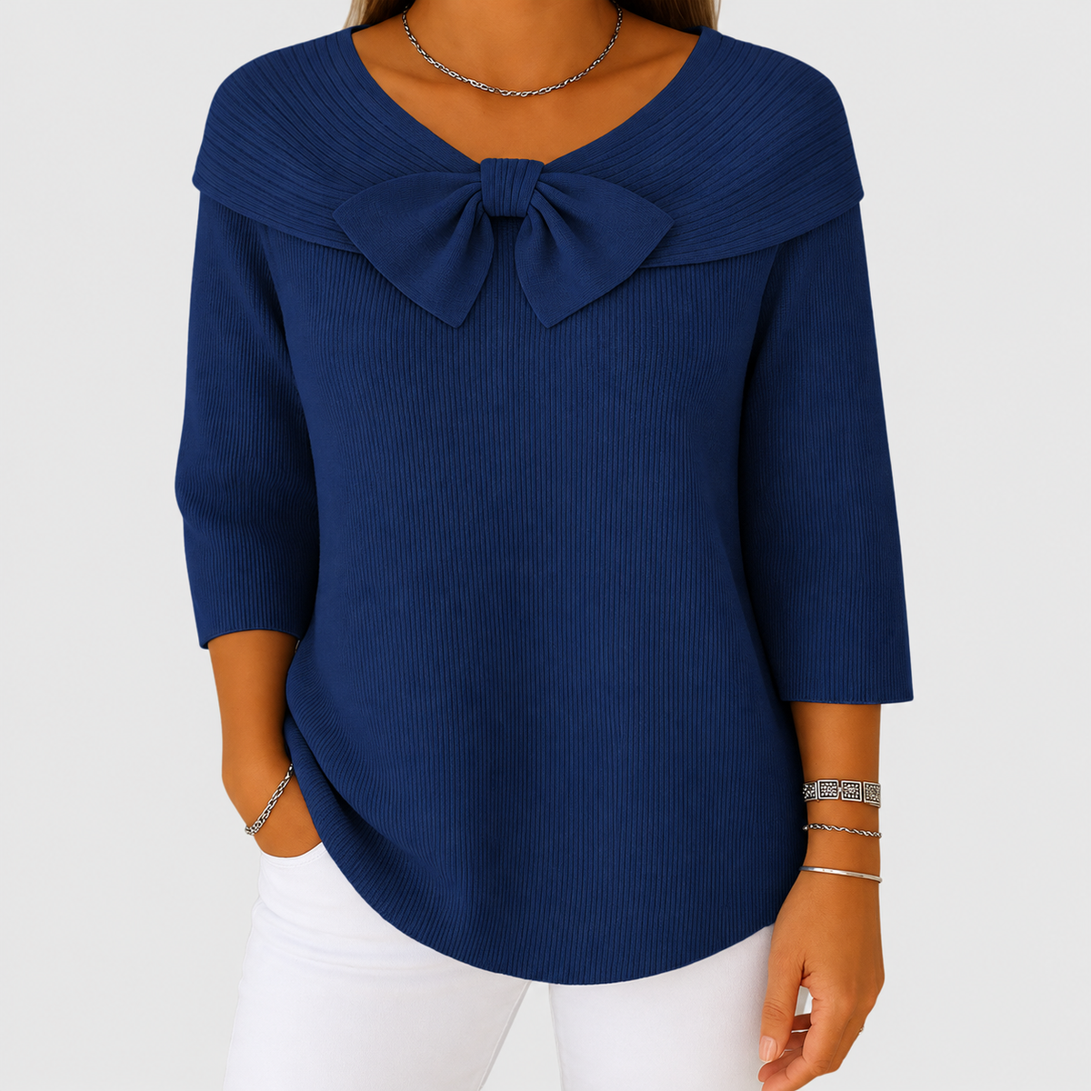 Morwenna | Women’s Bow-Detail Three-Quarter-Sleeve Sweater — Dark Blue