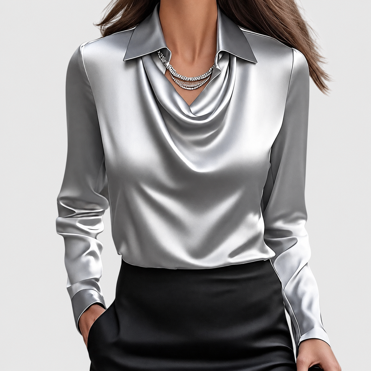 Nadine | Women’s Draped-Neck Blouse with Collar — Silver