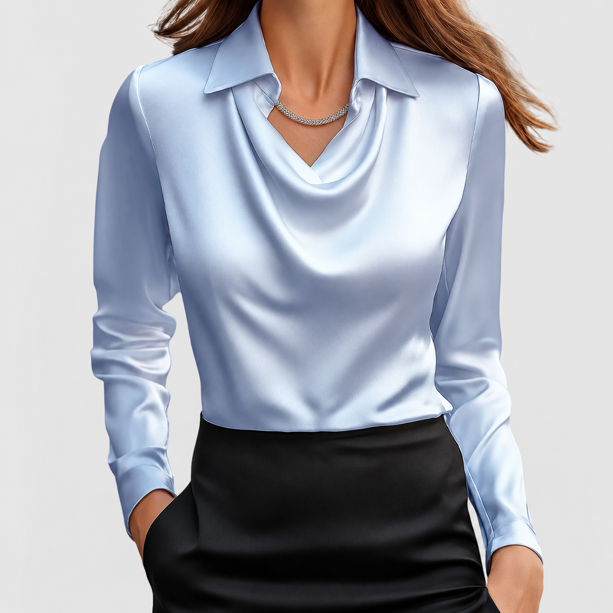 Nadine | Women’s Draped-Neck Blouse with Collar — Light Blue