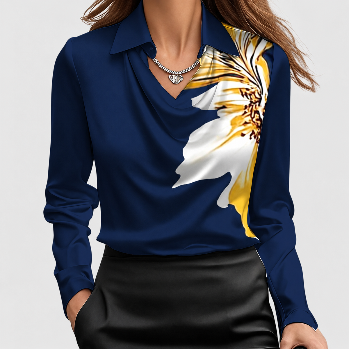 Nadine | Women’s Draped-Neck Blouse with Collar — Dark Blue