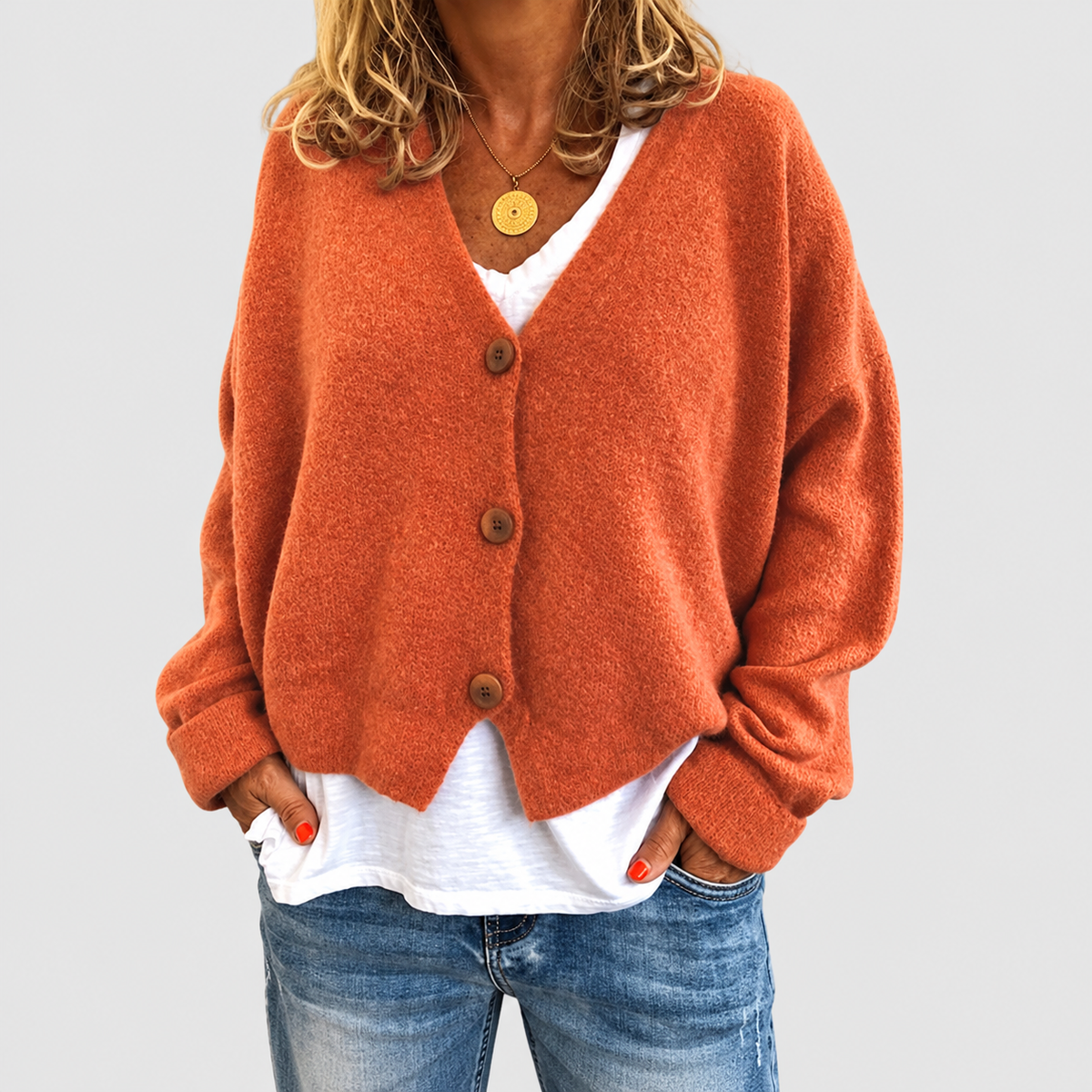 Natalia | Women’s Relaxed V-Neck Knit Cardigan — Orange
