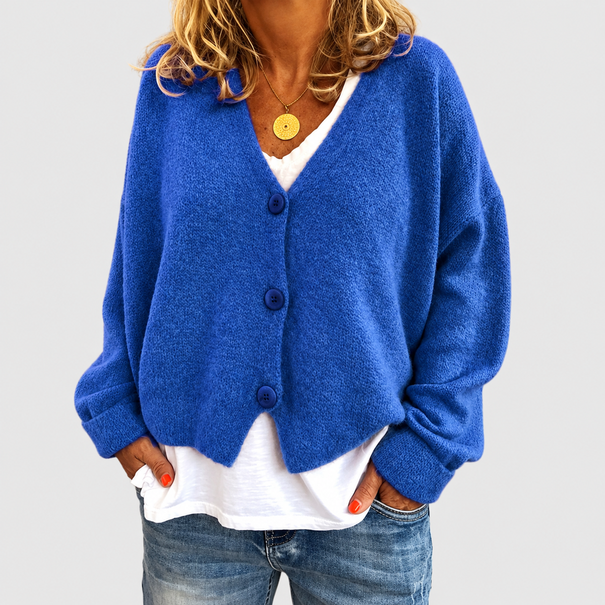 Natalia | Women’s Relaxed V-Neck Knit Cardigan — Blue