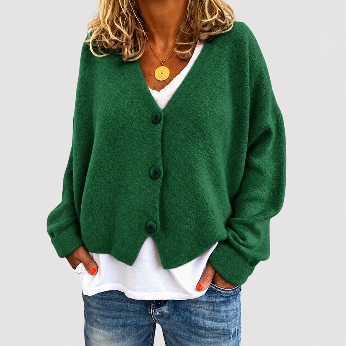 Natalia | Women’s Relaxed V-Neck Knit Cardigan — Green