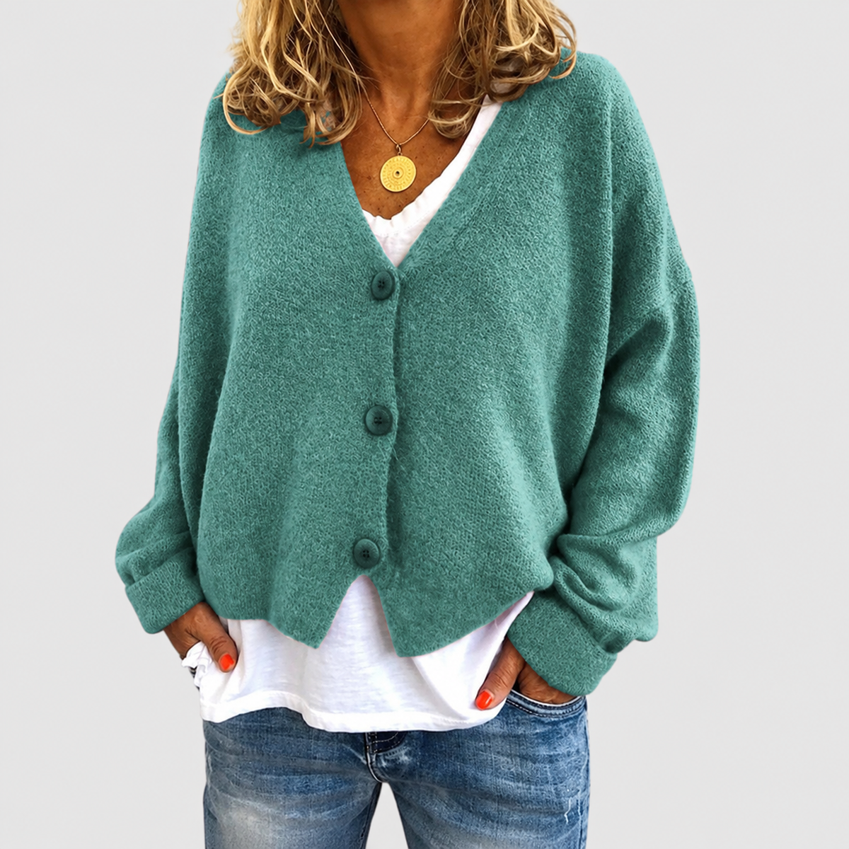 Natalia | Women’s Relaxed V-Neck Knit Cardigan — Lake Blue