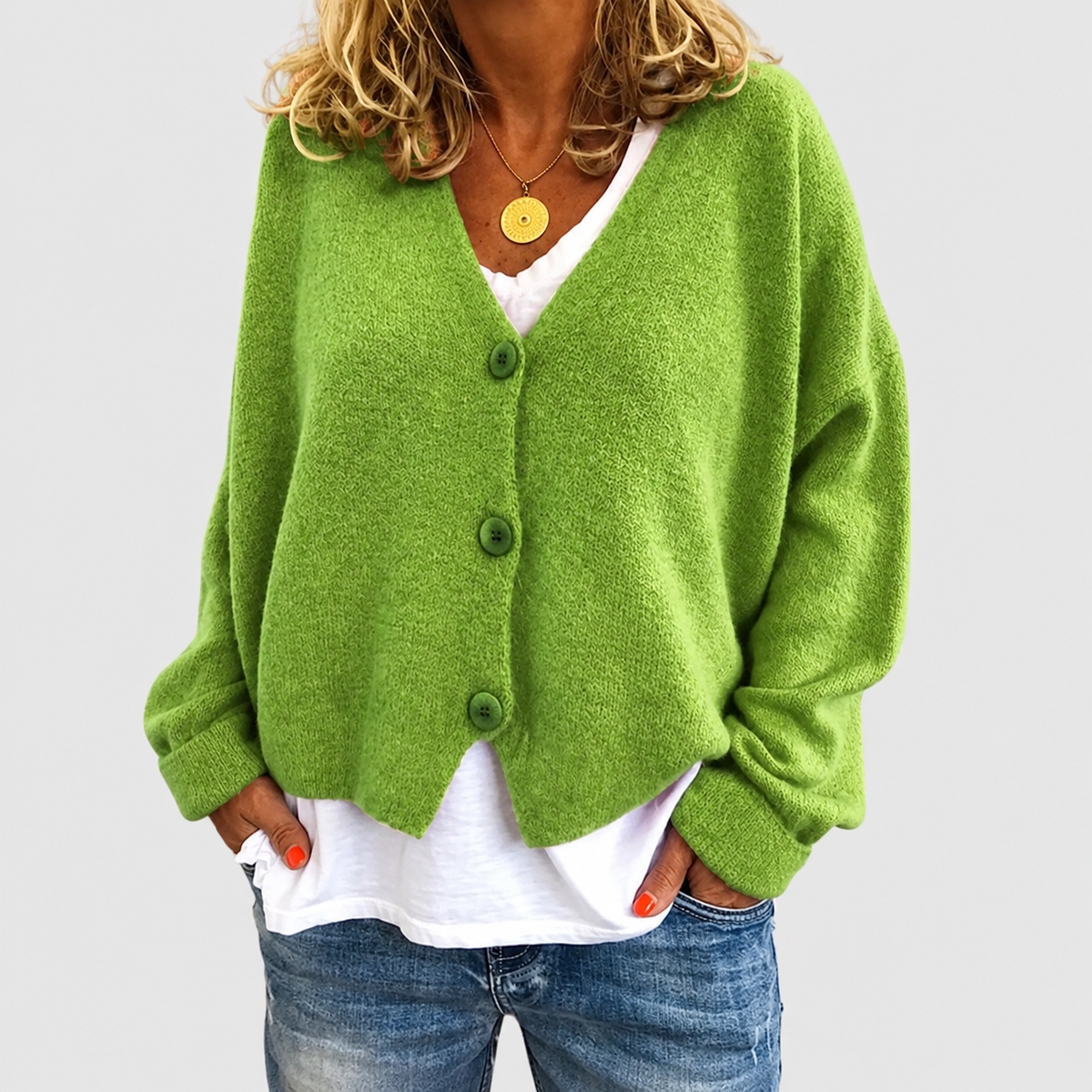 Natalia | Women’s Relaxed V-Neck Knit Cardigan — Light Green