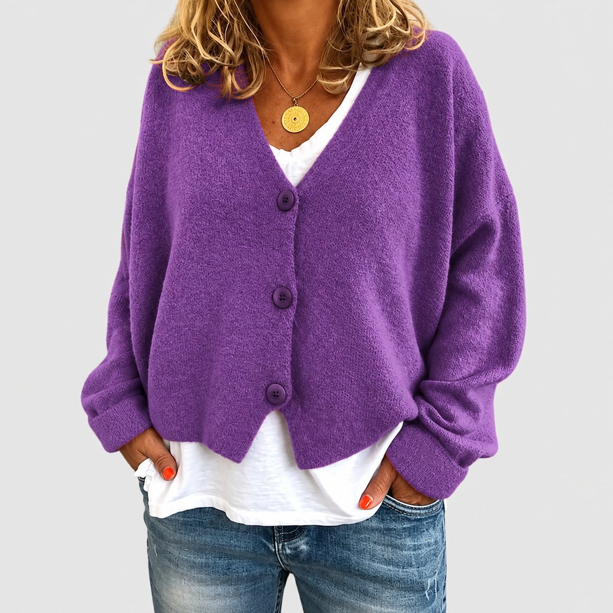 Natalia | Women’s Relaxed V-Neck Knit Cardigan — Purple