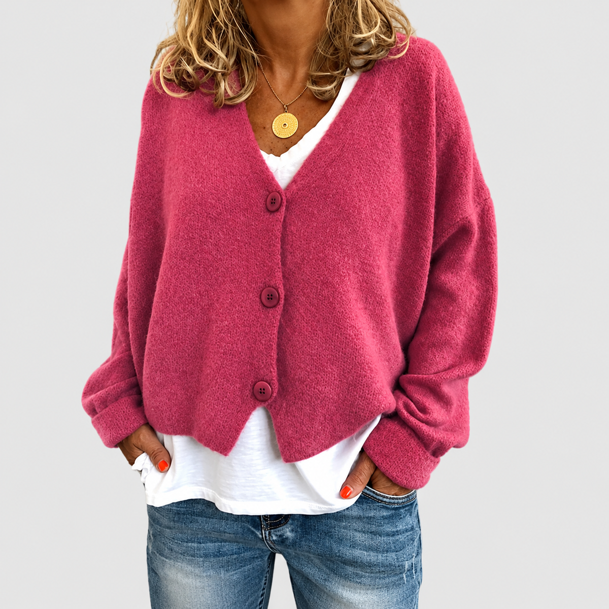 Natalia | Women’s Relaxed V-Neck Knit Cardigan — Rose Red