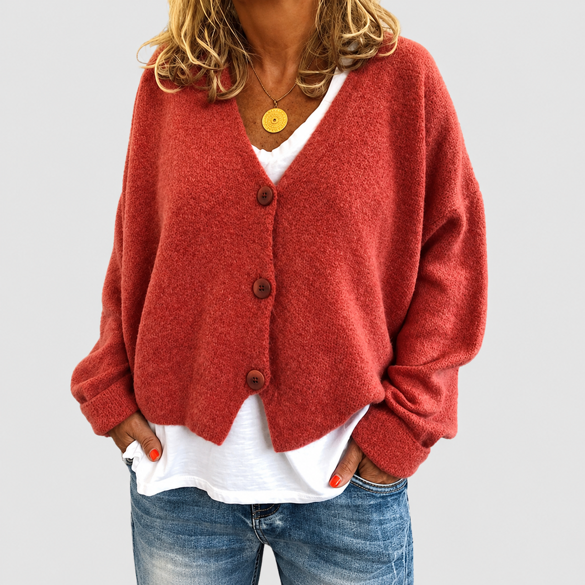 Natalia | Women’s Relaxed V-Neck Knit Cardigan — Orange Red