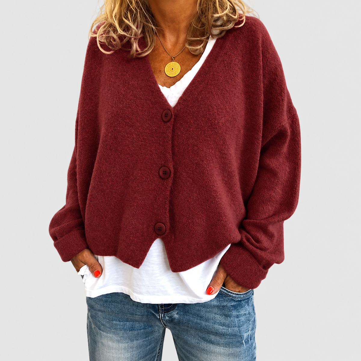 Natalia | Women’s Relaxed V-Neck Knit Cardigan — Maroon