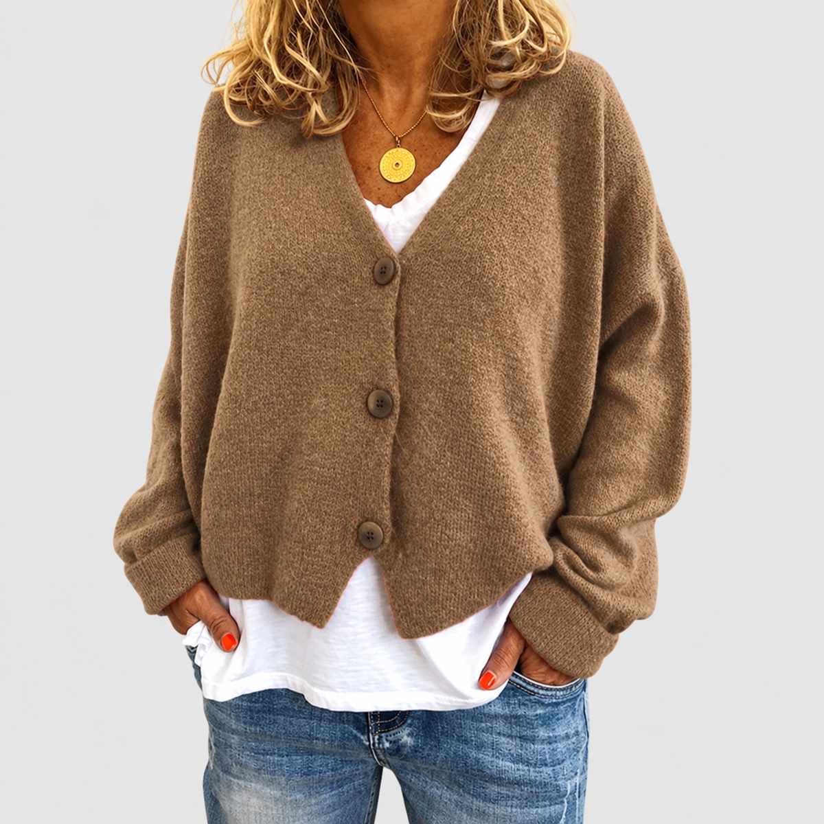 Natalia | Women’s Relaxed V-Neck Knit Cardigan — Khaki