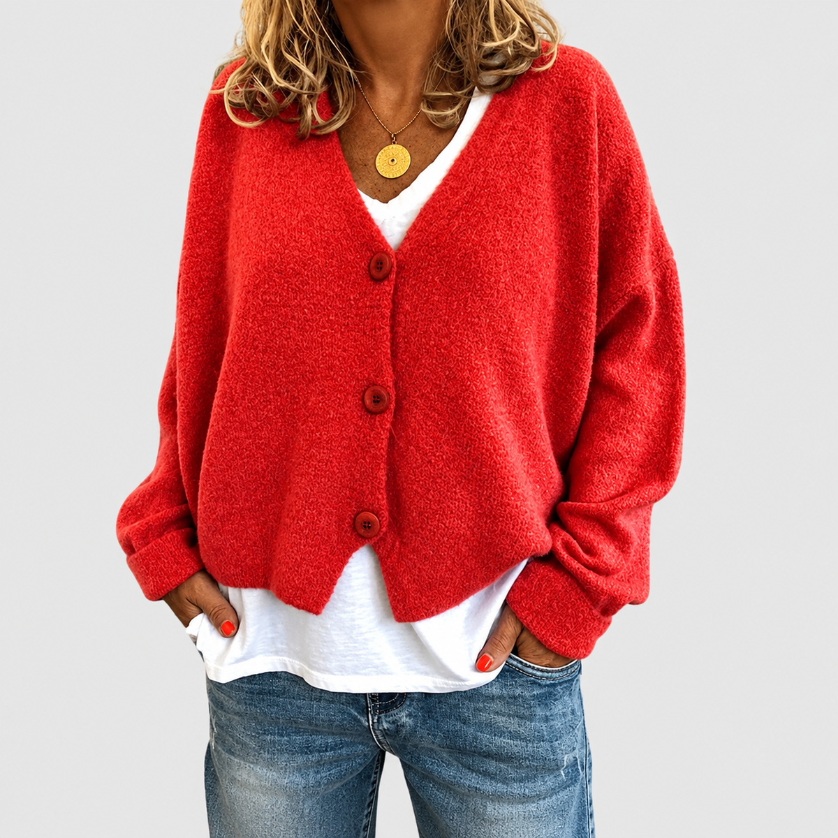 Natalia | Women’s Relaxed V-Neck Knit Cardigan — Red