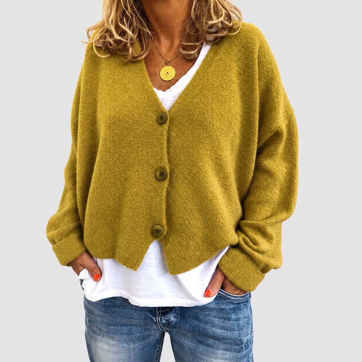 Natalia | Women’s Relaxed V-Neck Knit Cardigan — Yellow