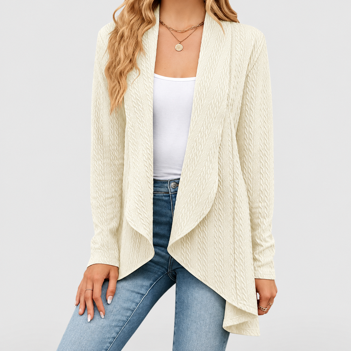 Nerella | Women’s Waterfall Open-Front Cardigan — Beige