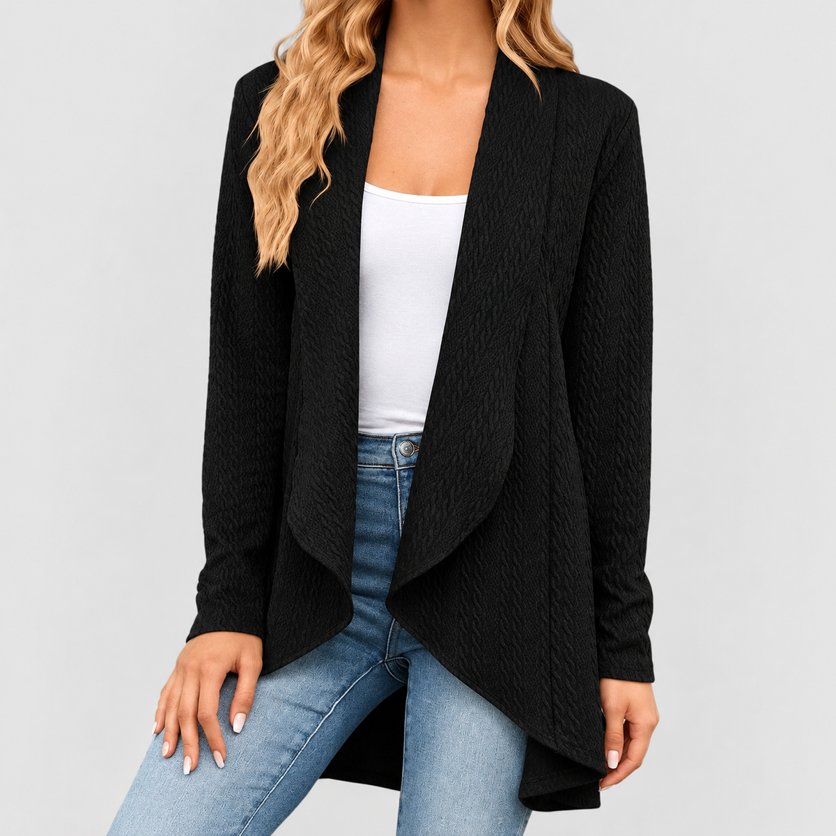 Nerella | Women’s Waterfall Open-Front Cardigan — Black