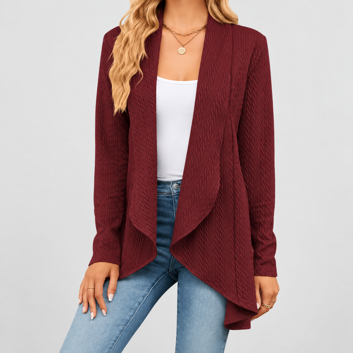 Nerella | Women’s Waterfall Open-Front Cardigan — Red