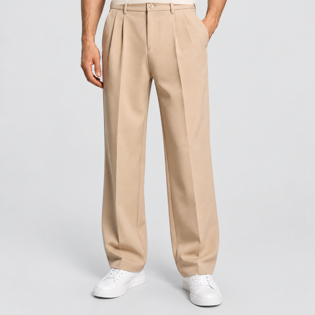 Neville | Men’s Pleated Wide-Leg Trousers with Side Pockets — Beige