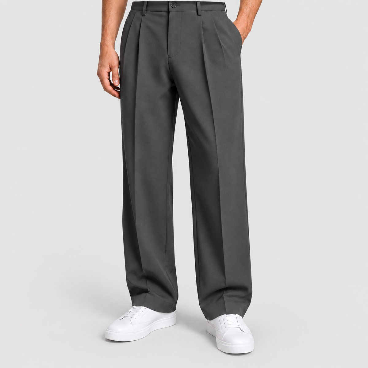 Neville | Men’s Pleated Wide-Leg Trousers with Side Pockets — Grey