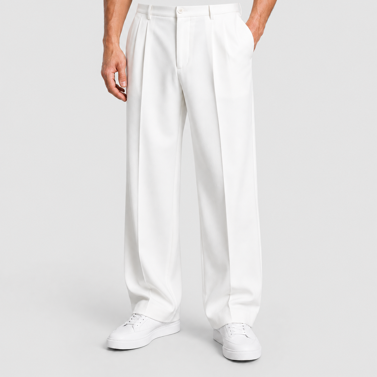 Neville | Men’s Pleated Wide-Leg Trousers with Side Pockets — White