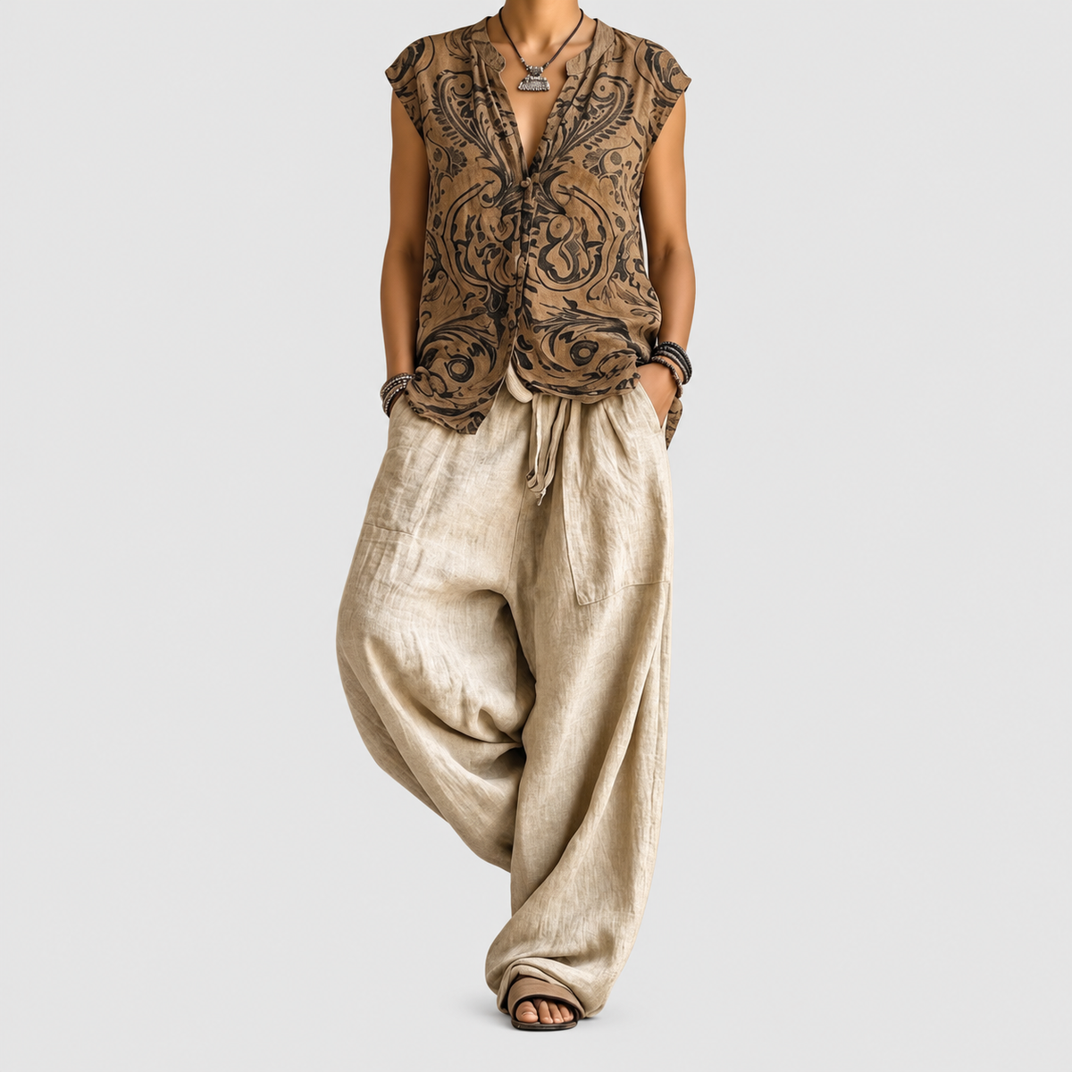 Noelia | Women’s Three-Piece Printed Top, Pants and Duster Set — product detail 2