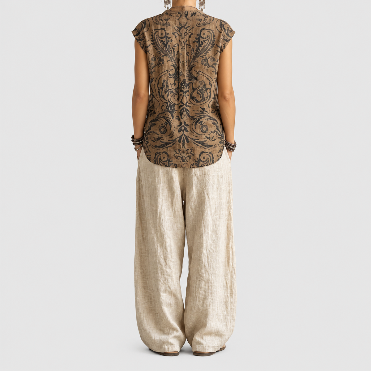 Noelia | Women’s Three-Piece Printed Top, Pants and Duster Set — product detail 3