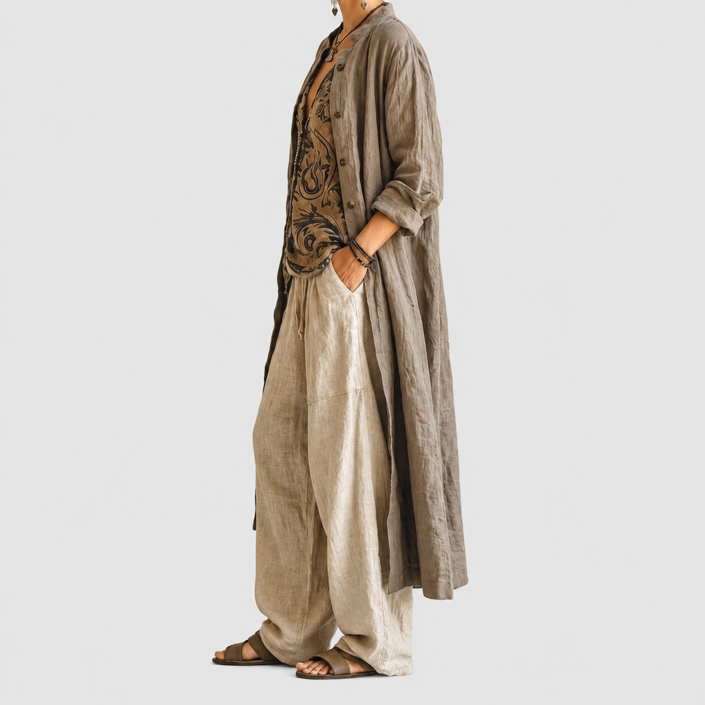 Noelia | Women’s Three-Piece Printed Top, Pants and Duster Set — product detail 4