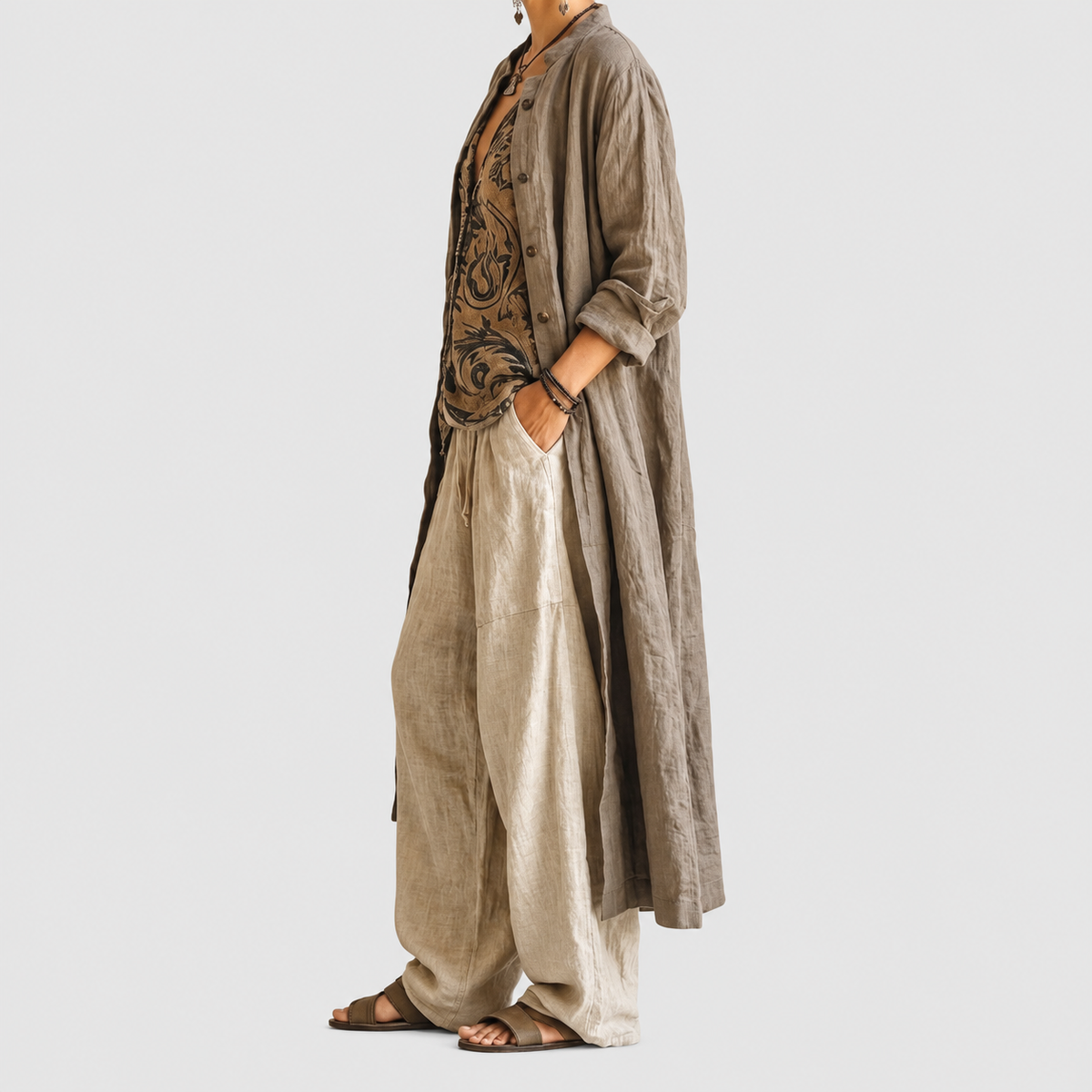 Noelia | Women’s Three-Piece Printed Top, Pants and Duster Set — product detail 4