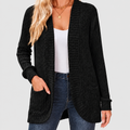 Noelle | Women’s Open-Front Ribbed Knit Cardigan with Patch Pockets — Black