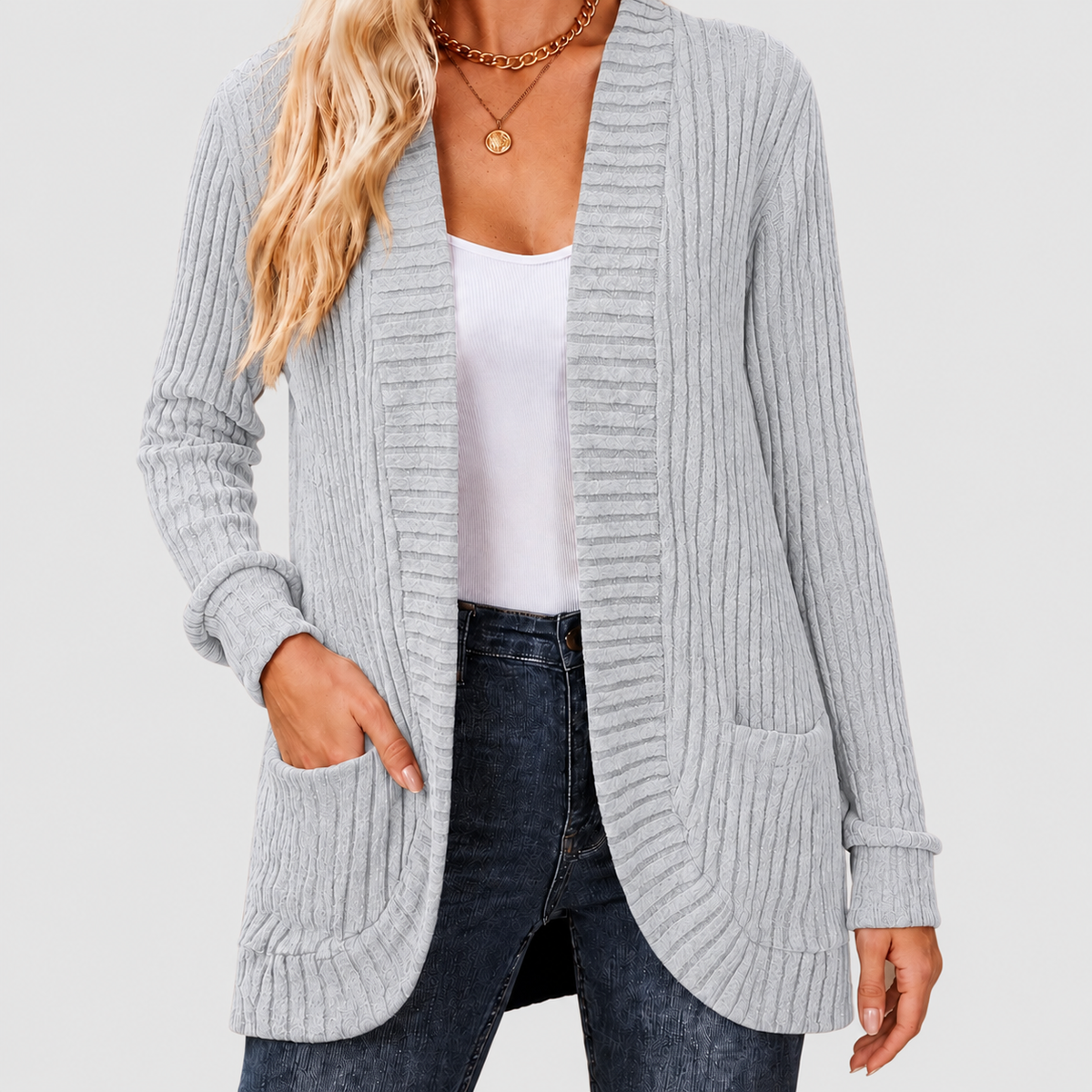 Noelle | Women’s Open-Front Ribbed Knit Cardigan with Patch Pockets — Silvery Grey